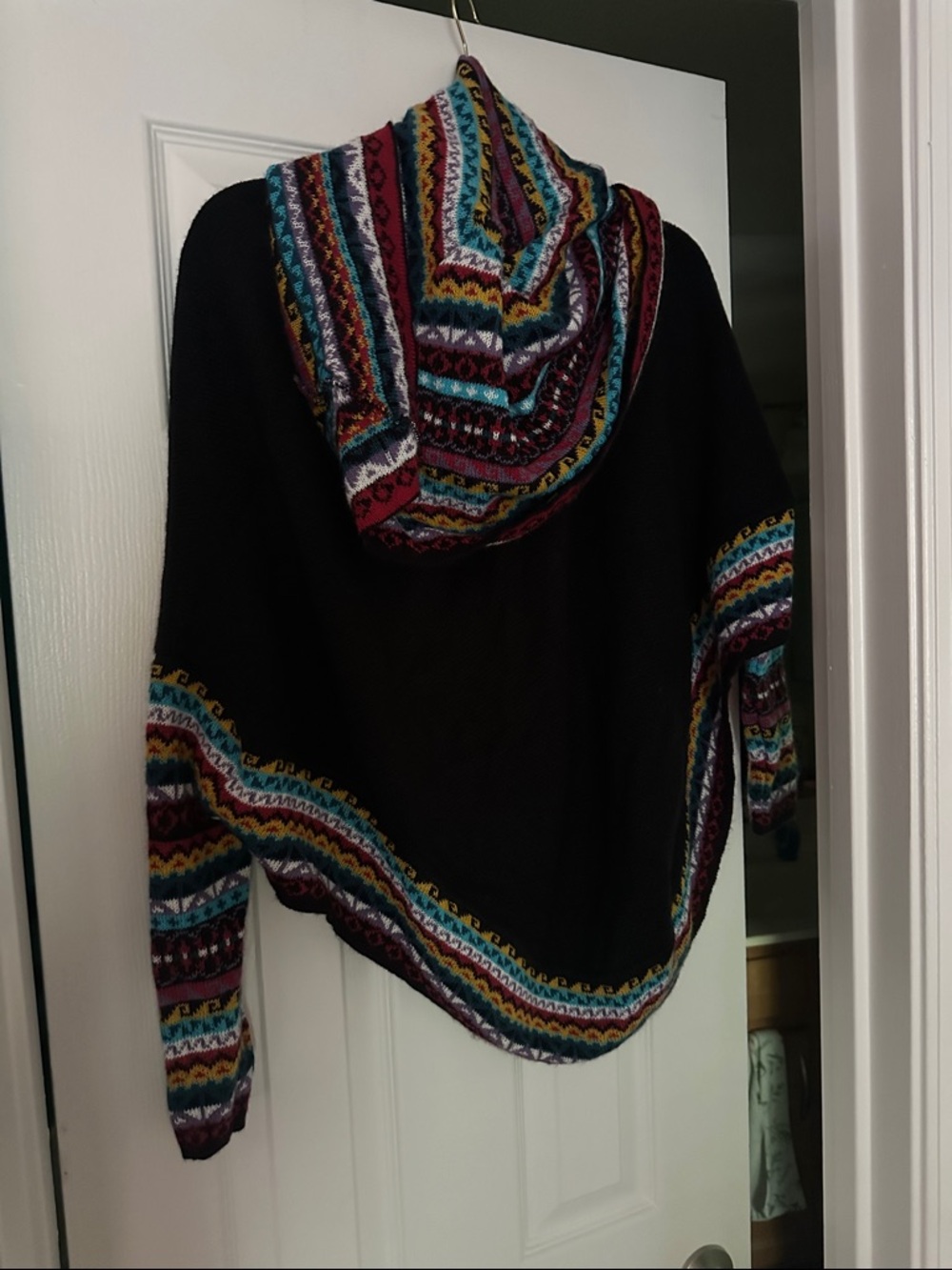 Black Hooded Women's Poncho with Multicolor Fair Isle Trim